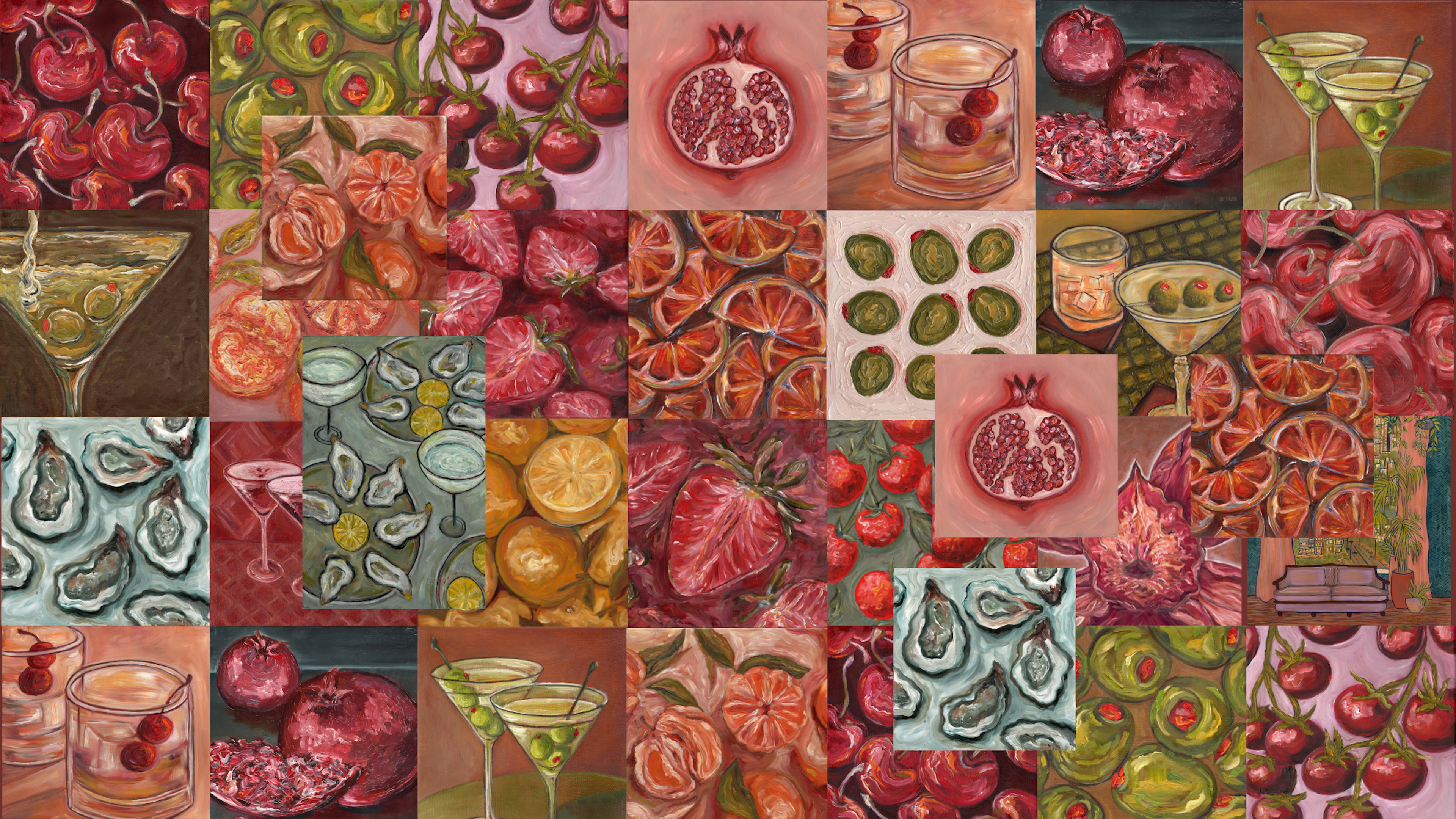 Collage of various food and drink images including fruits, drinks, and garnishes.